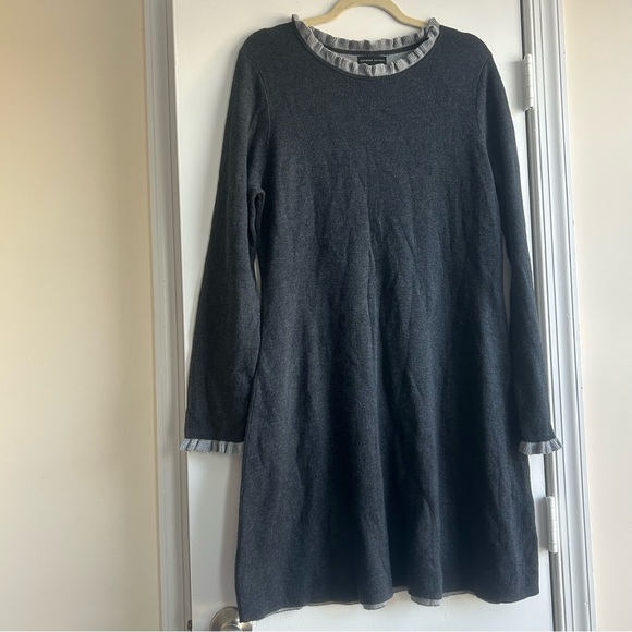 Adrienne Vittadini Gray Ruffle Trim Dress Sz XL Academia Monochrome Long Sleeve - Picture 1 of 5